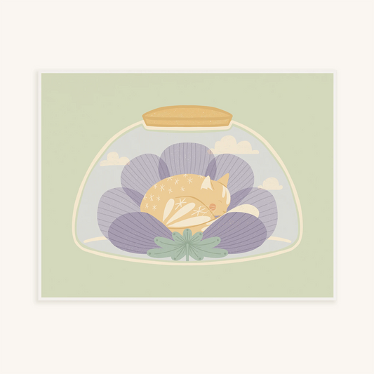 'a nap or two' art print. print features cat sleeping inside of a flower, inside of a jar.