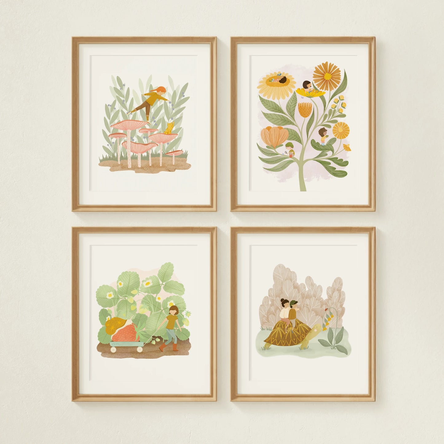collection of 4 art prints shown framed on a wall. includes leaning in, noticing, along for the ride, and in no hurry (from top left to bottom right).
