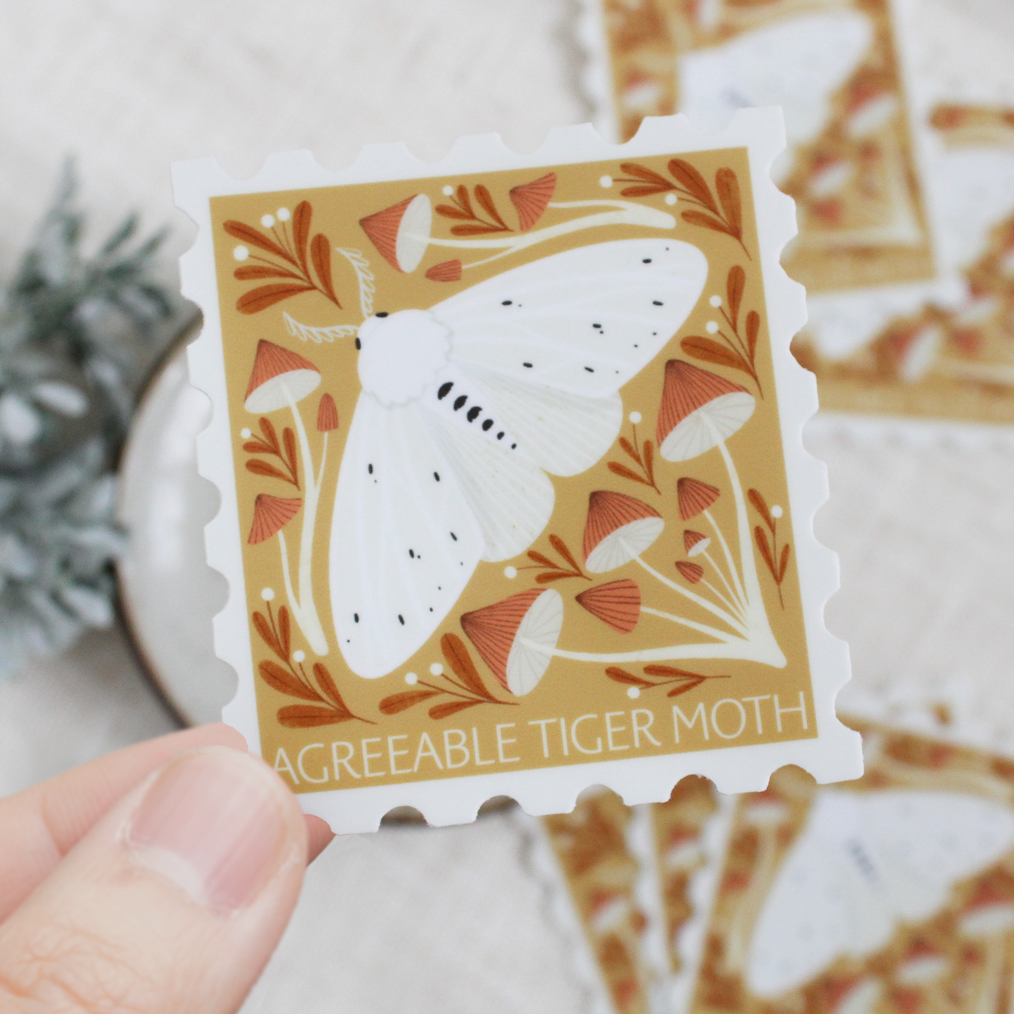 Agreeable Tiger Moth Stamp Shaped Vinyl Sticker for Kids Journals and Cards