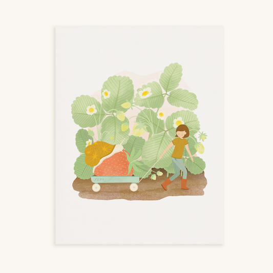 along for the ride art print. print features a kid pulling a wagon with a strawberry inside on top of the strawberry is a snail. in the background are strawberry plants.