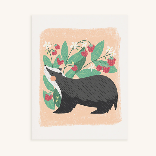 'berry bandit' art print. print features a whimsical badger in front of a cute raspberry plant.