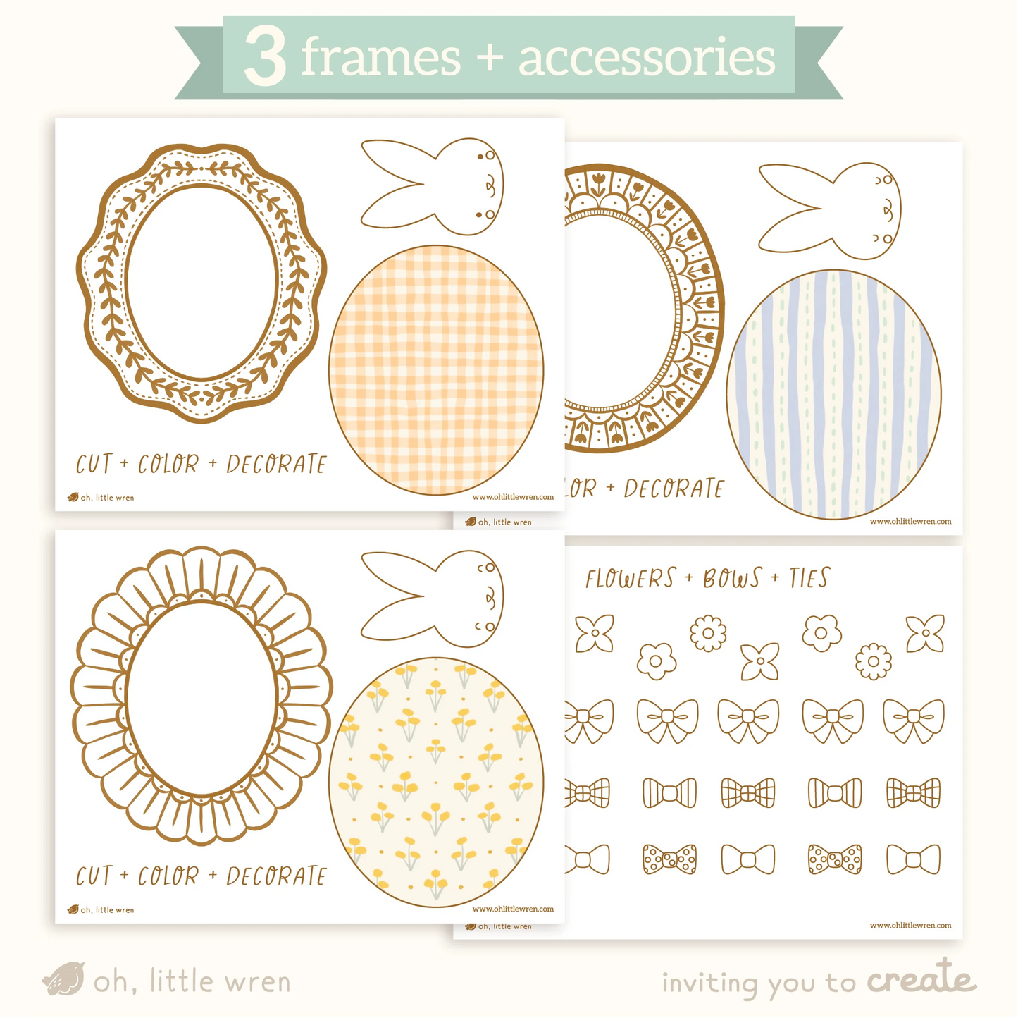 3 frames + accessories: shows all 4 pages laid out--3 each with a frame, background, and bunny head, and one with flowers, bows and ties.