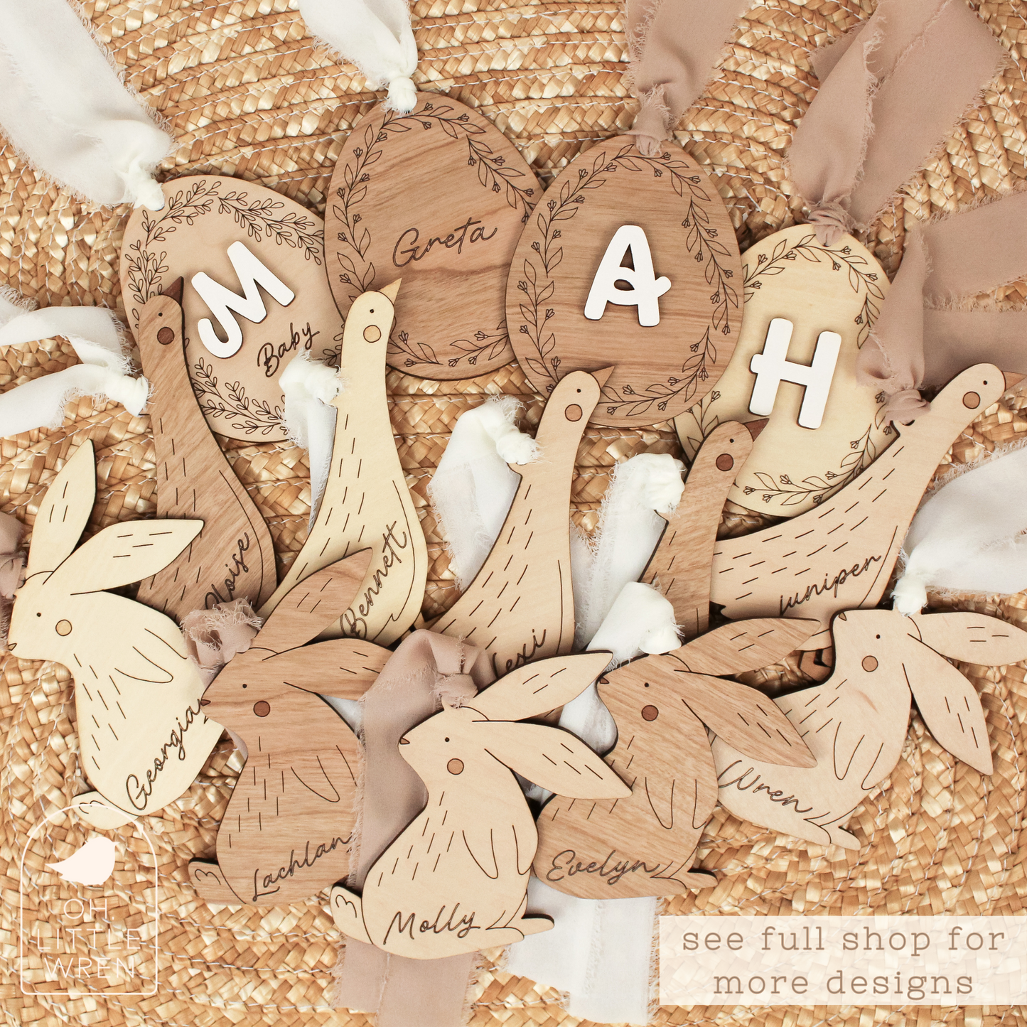 collection of easter basket tags--eggs, geese, and bunnies, personalized in various ways.