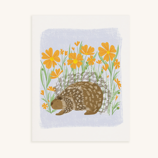 'flower frolic' art print. print features a whimsical porcupine in front of orange flowers.