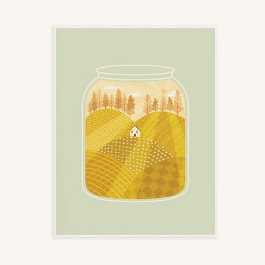 'going home' art print. print features a small white house nestled among yellow fields during a peach sunset, inside of a jar.
