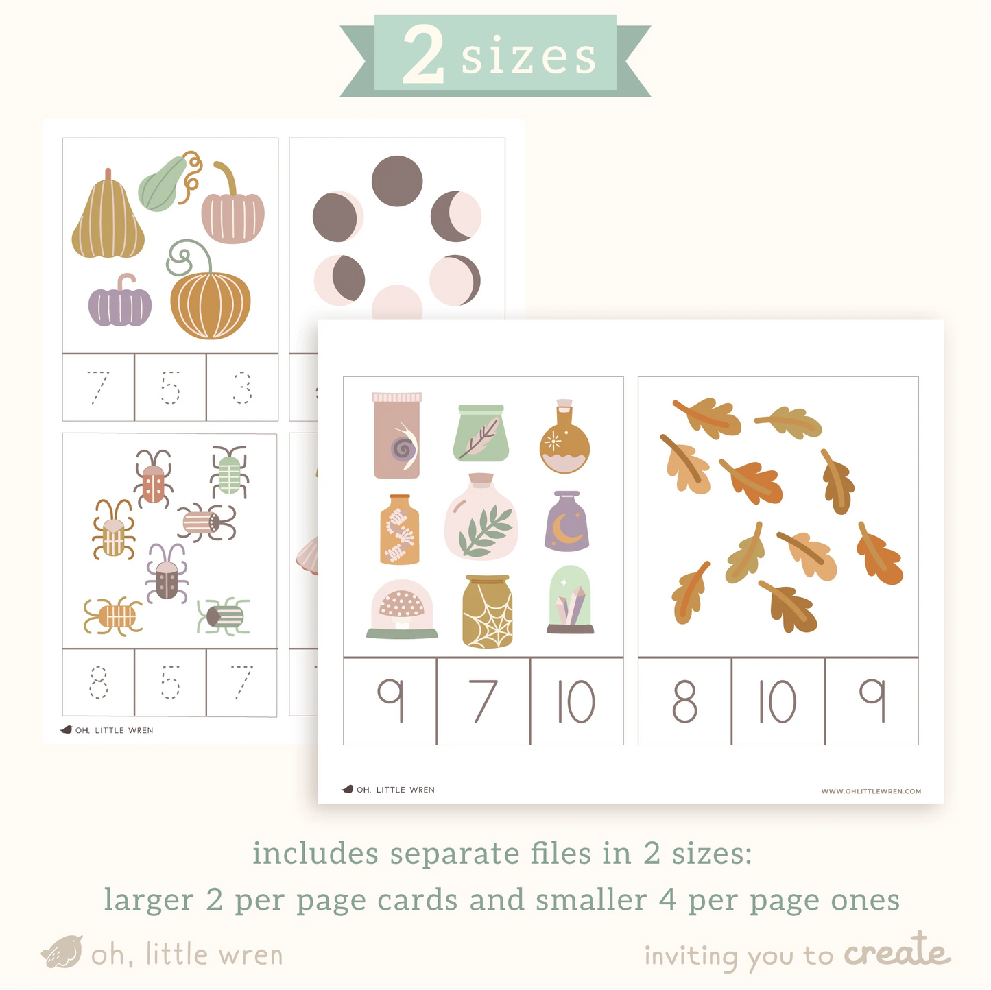 print at home halloween themed count and clip cards featuring our favorite not-so-spooky illustrations. text reads 2 sizes: includes separate files in 2 sizes: larger 2 per page cards, and smaller 4 per page ones. shows an example of each style.