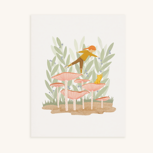 leaning in art print. print features a girl, balancing on one foot on a mushroom with a cute cat nearby.