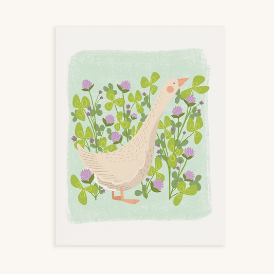 'meadow muse' art print. print features a whimsical goose in front of a clovers and clover flowers.