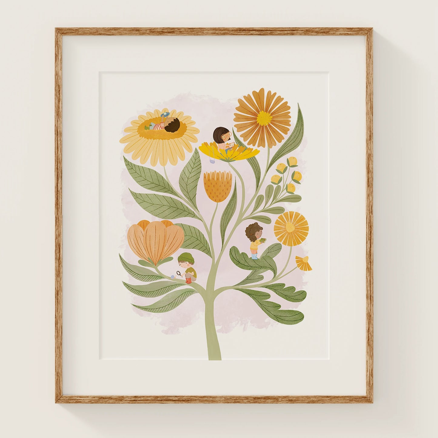 'noticing' art print, shown in a wood frame. print features 4 kids on various parts of flower. one has a magnifying glass and is looking at a snail, one has binoculars and is looking at a flower, one has a camera pointed to the sky, and one has a notepad.