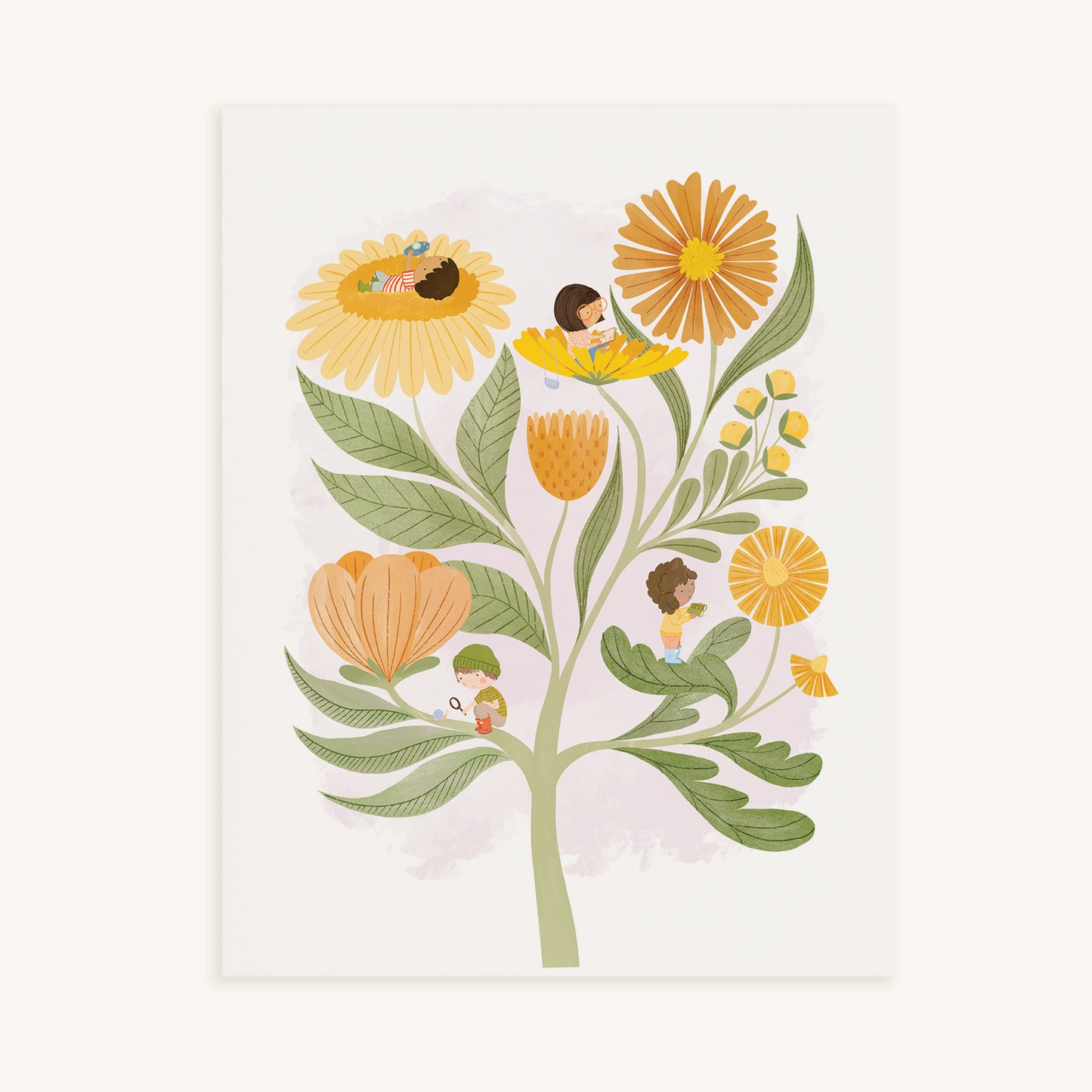 'noticing' art print. print features 4 kids on various parts of flower. one has a magnifying glass and is looking at a snail, one has binoculars and is looking at a flower, one has a camera pointed to the sky, and one has a notepad.