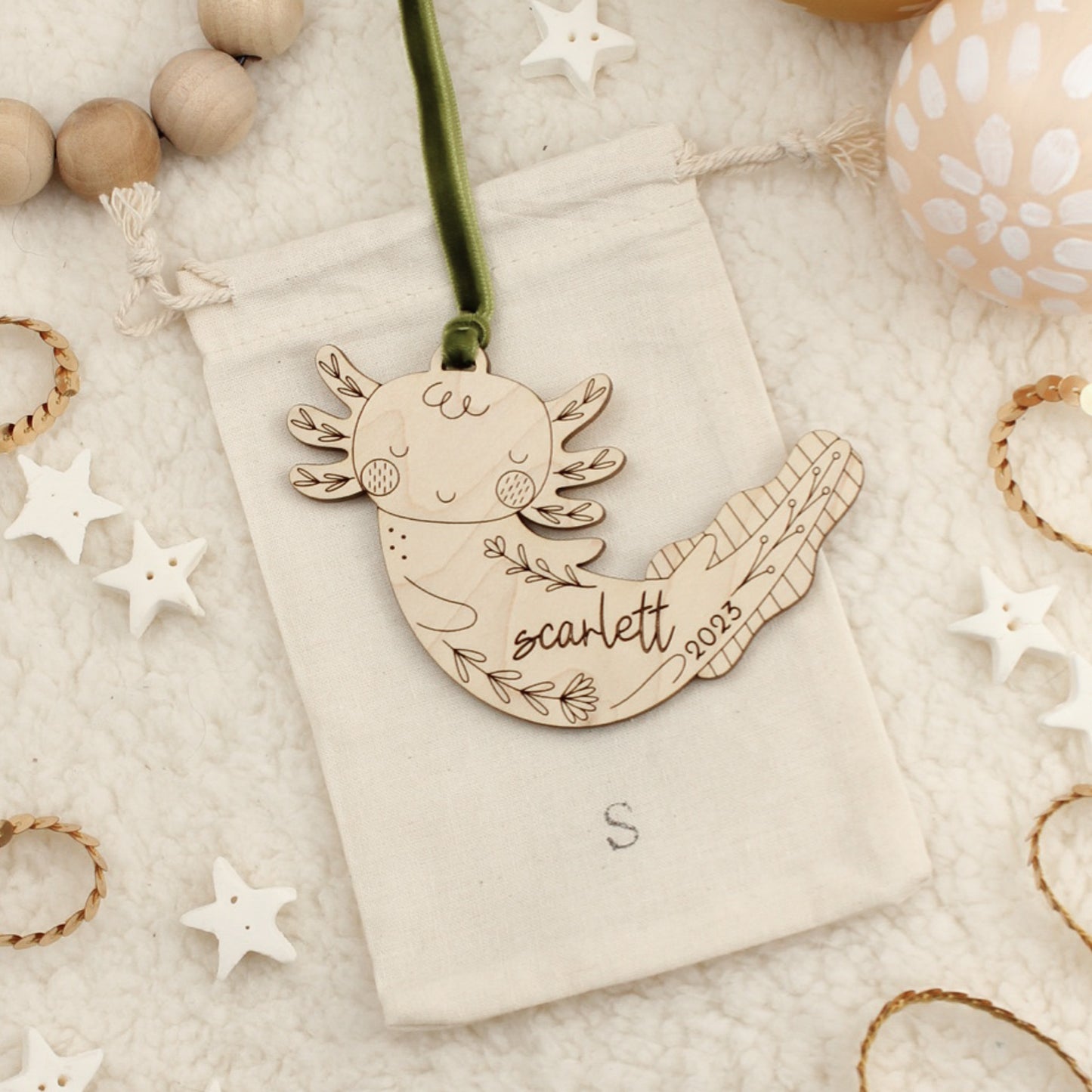 Axolotl Personalized Wooden Christmas Ornament Custom Heirloom