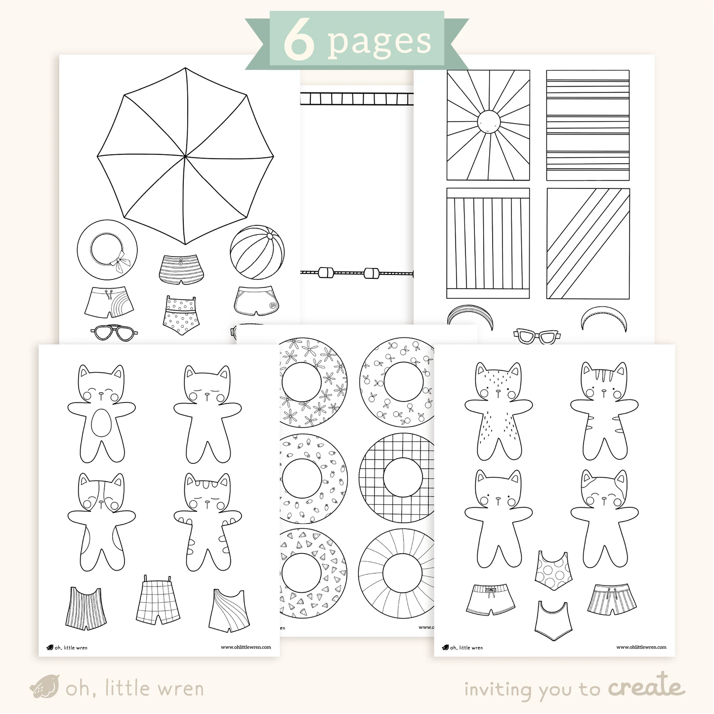 pages of a summer cat themed paper doll printable are shown. with the front page showing cats and bathing suits, fun inner tubes, a pool, beach towels, and an umbrella.