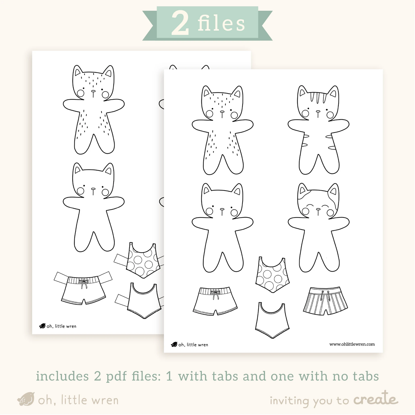 pages of a summer cat themed paper doll printable are shown. with the front page showing cats and bathing suits. text reads 'includes 2 pdf files with tabs and no tabs.