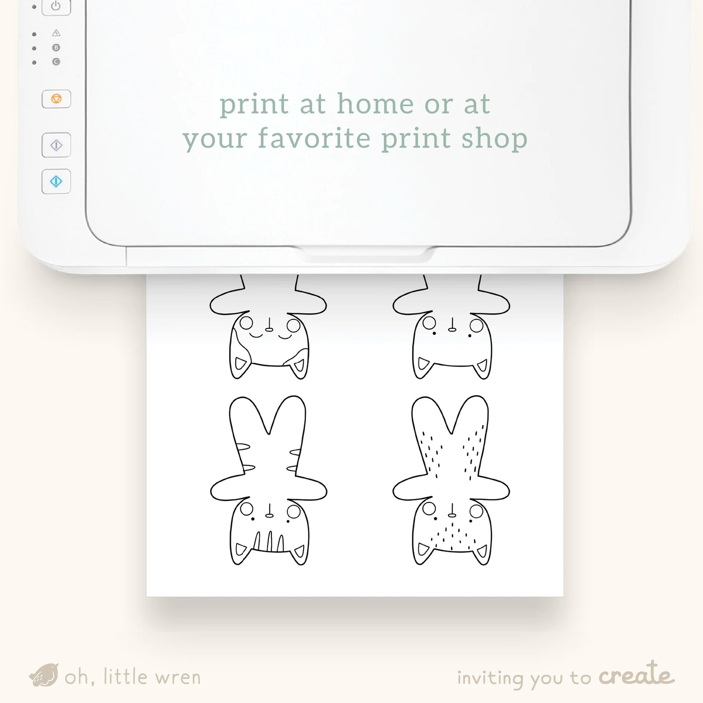 one page of a summer cat themed paper doll printable is shown coming from a printer. text reads 'print at home or at your favorite print shop.