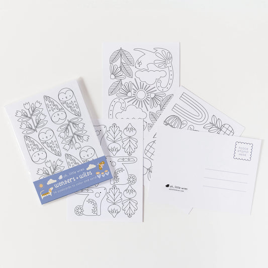 wonders + wilds coloring postcards set – 14 folk-style animals from parks, forests + gardens