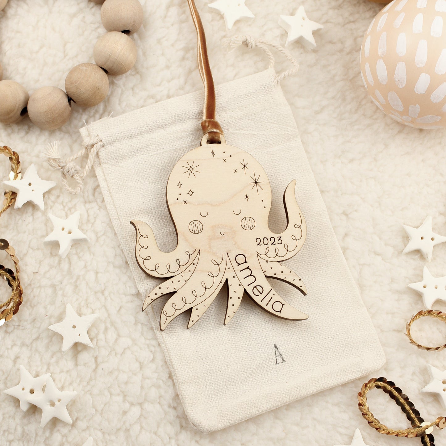 Octopus Personalized Wooden Christmas Ornament Custom Heirloom