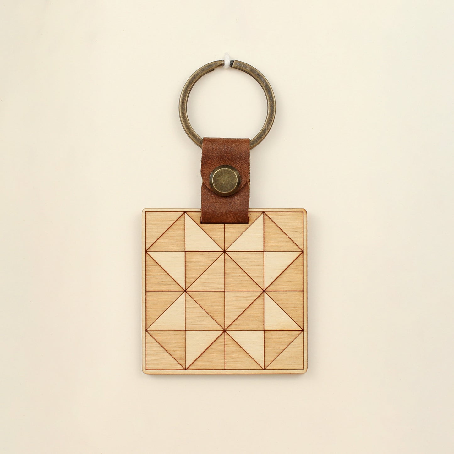 quilt block #3 wooden keychain with leather strap