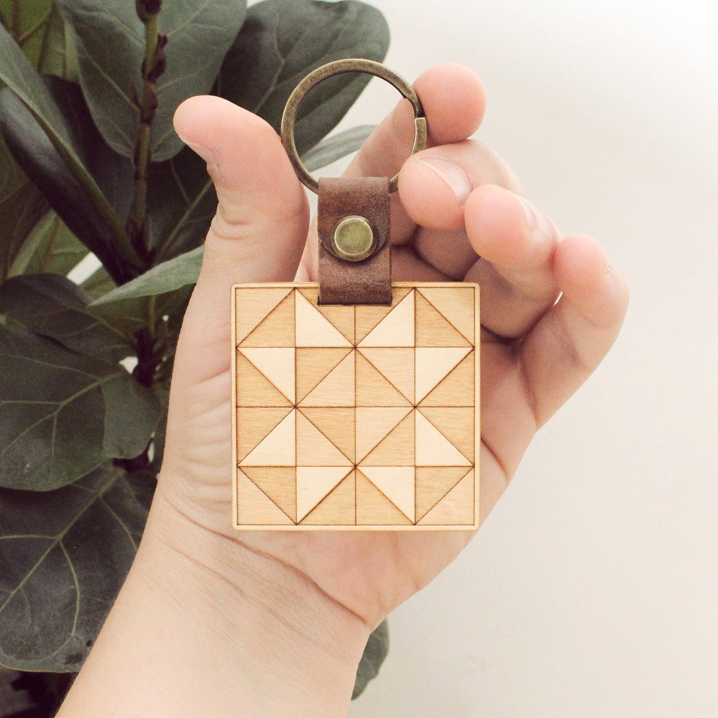 quilt block #3 wooden keychain with leather strap