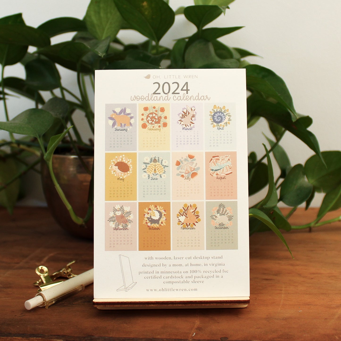 woodland animal 2024 desk calendar showing back with images of each month and stand