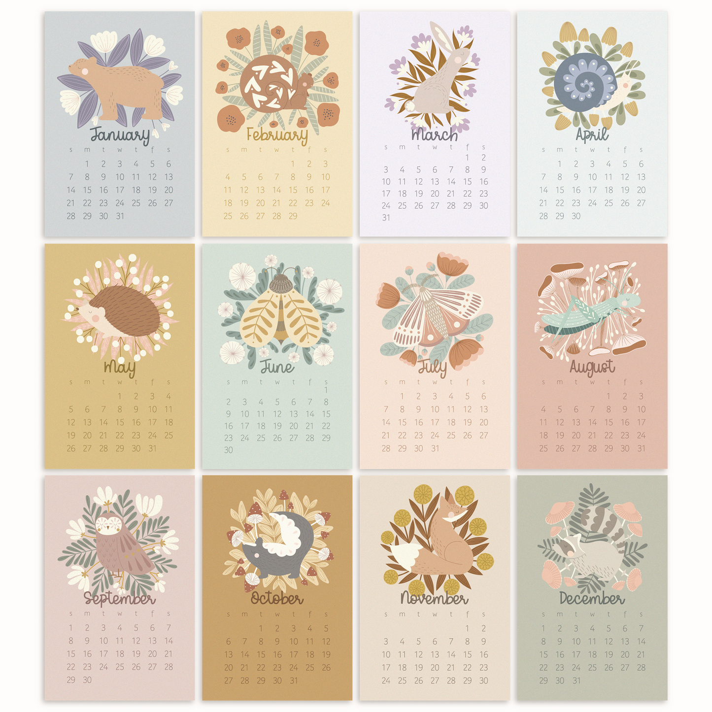 woodland animal 2024 desk calendar showing small images of each month