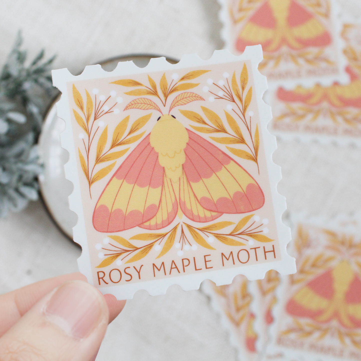 Rosy Maple Moth Stamp Shaped Vinyl Sticker for Kids Journals and Gifts