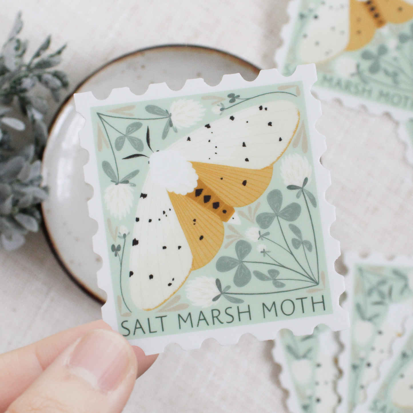 Salt Marsh Moth Stamp Shaped Vinyl Sticker for Kids Laptops and Notebooks