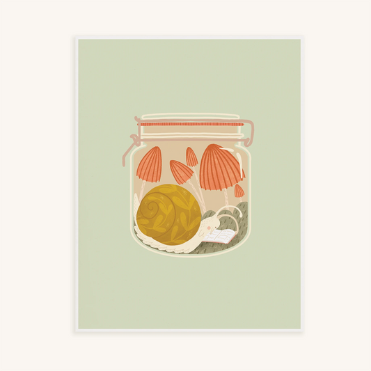 'slow afternoons' art print. print features a snail among mushrooms, reading a book inside of a jar.