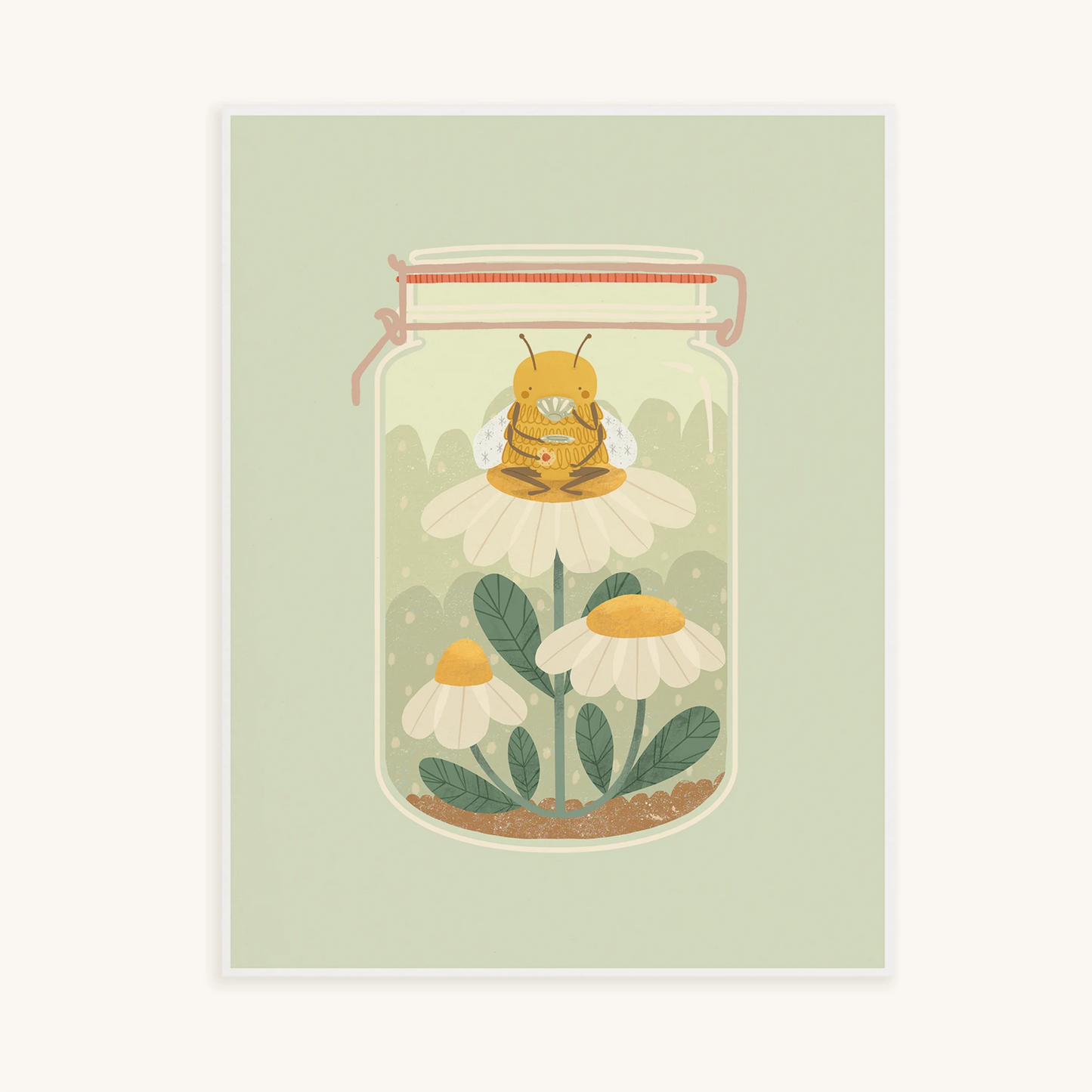 'the bee's teas' art print. print features a bee sitting on top of a daisy, sipping tea and holding a cookie. all of this takes place in a jar.
