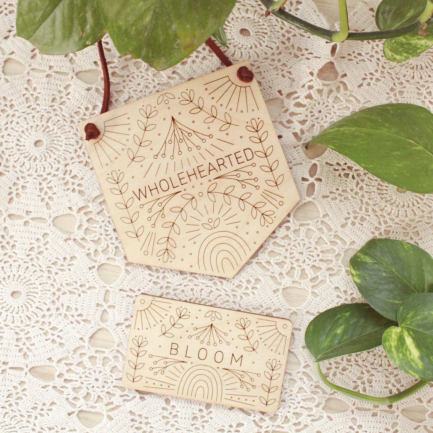 word of the year mini banner and card featured together. the banner reads WHOLEHEARTED and the card BLOOM.