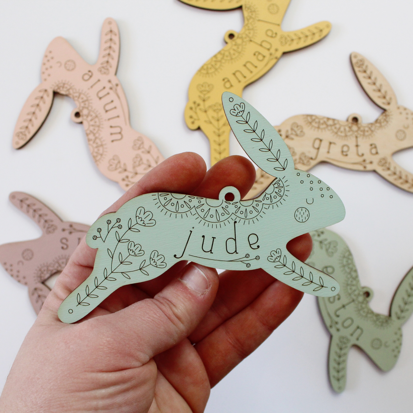 Floral Bunny Personalized Wood Easter Basket Tag Custom Heirloom