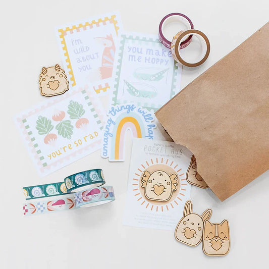 collection of back to school items including punny notecards, pocket hugs, washi tape and stickers