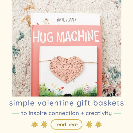simple valentine gift baskets to inspire connection + creativity, read more with an image of a stack of books and a custom heart shaped tag with the name willow and floral designs.