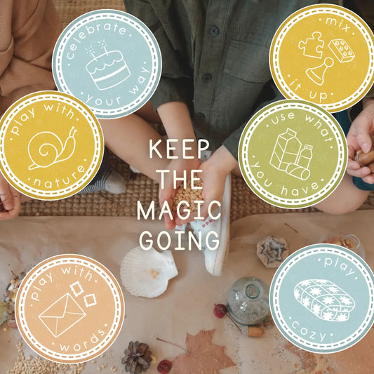 text reads keep the magic going, surrounded by our summer of play merit badges