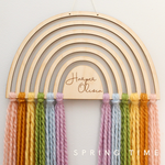 load image into gallery viewer, personalized wood and yarn rainbow wall hanging
