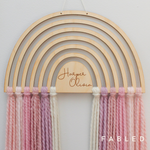 load image into gallery viewer, personalized wood and yarn rainbow wall hanging
