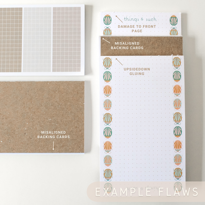 muted, boho grid 7 sections notepad, inventory clear-out, flawed