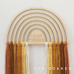 load image into gallery viewer, personalized wood and yarn rainbow wall hanging
