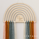 load image into gallery viewer, personalized wood and yarn rainbow wall hanging
