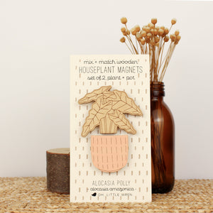 wooden plant and pot magnet pair. with alocasia polly plant and coral pink pot.