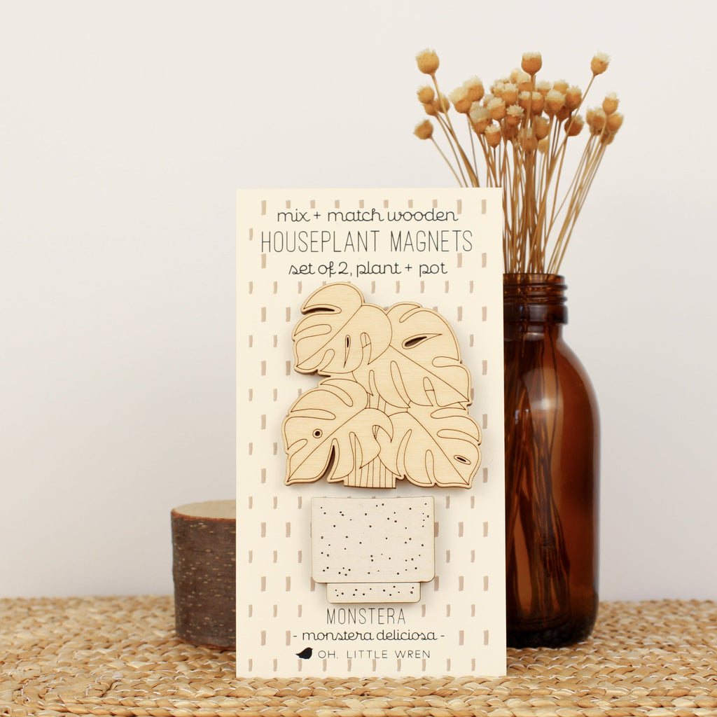 wooden plant and pot magnet pair. with monstera plant and white pot.