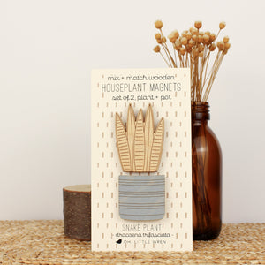 wooden plant and pot magnet pair. with snake plant and blue pot.