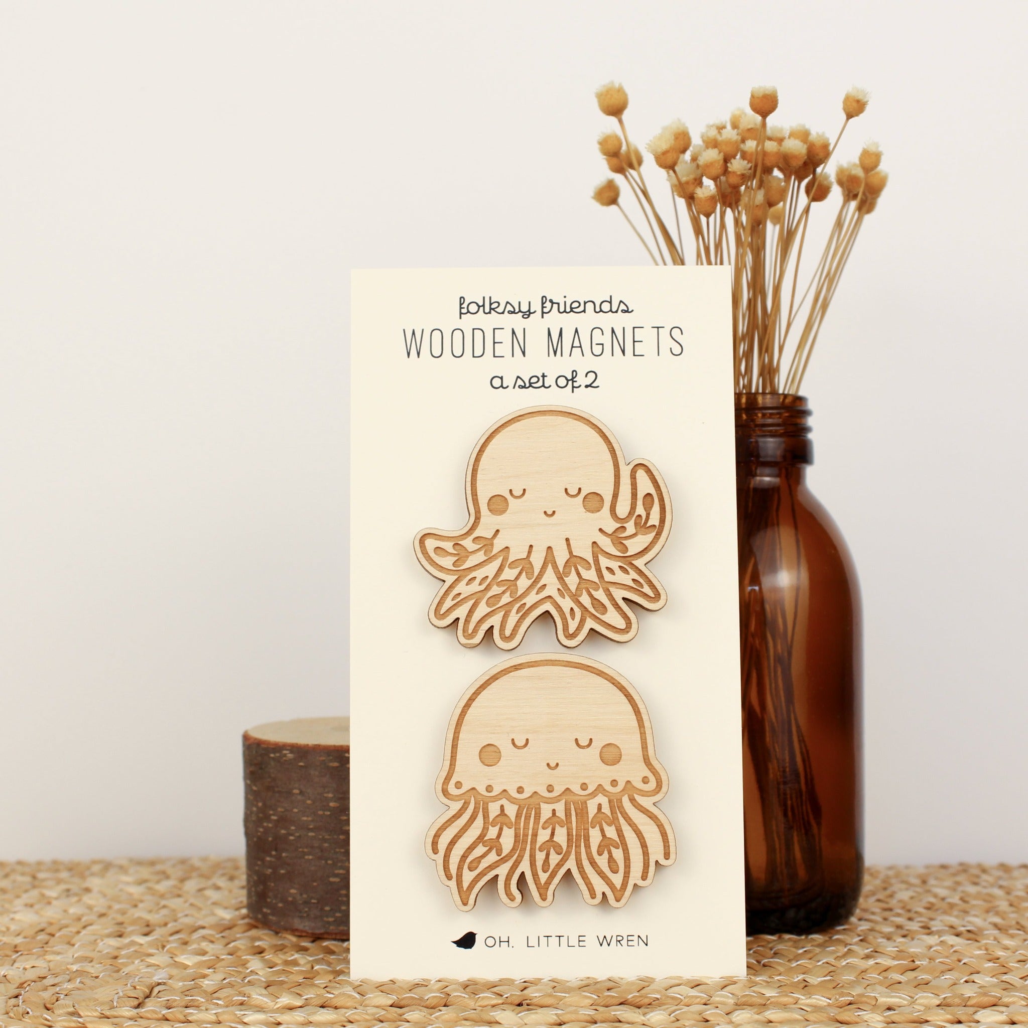 wooden octopus and jellyfish magnets with leafy cute details