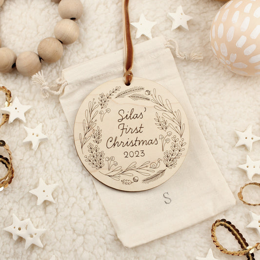 custom woodland themed baby's first christmas family ornament