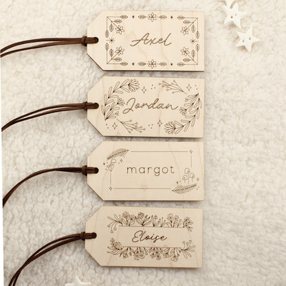 heirloom maple wood stocking tag, bouquet design