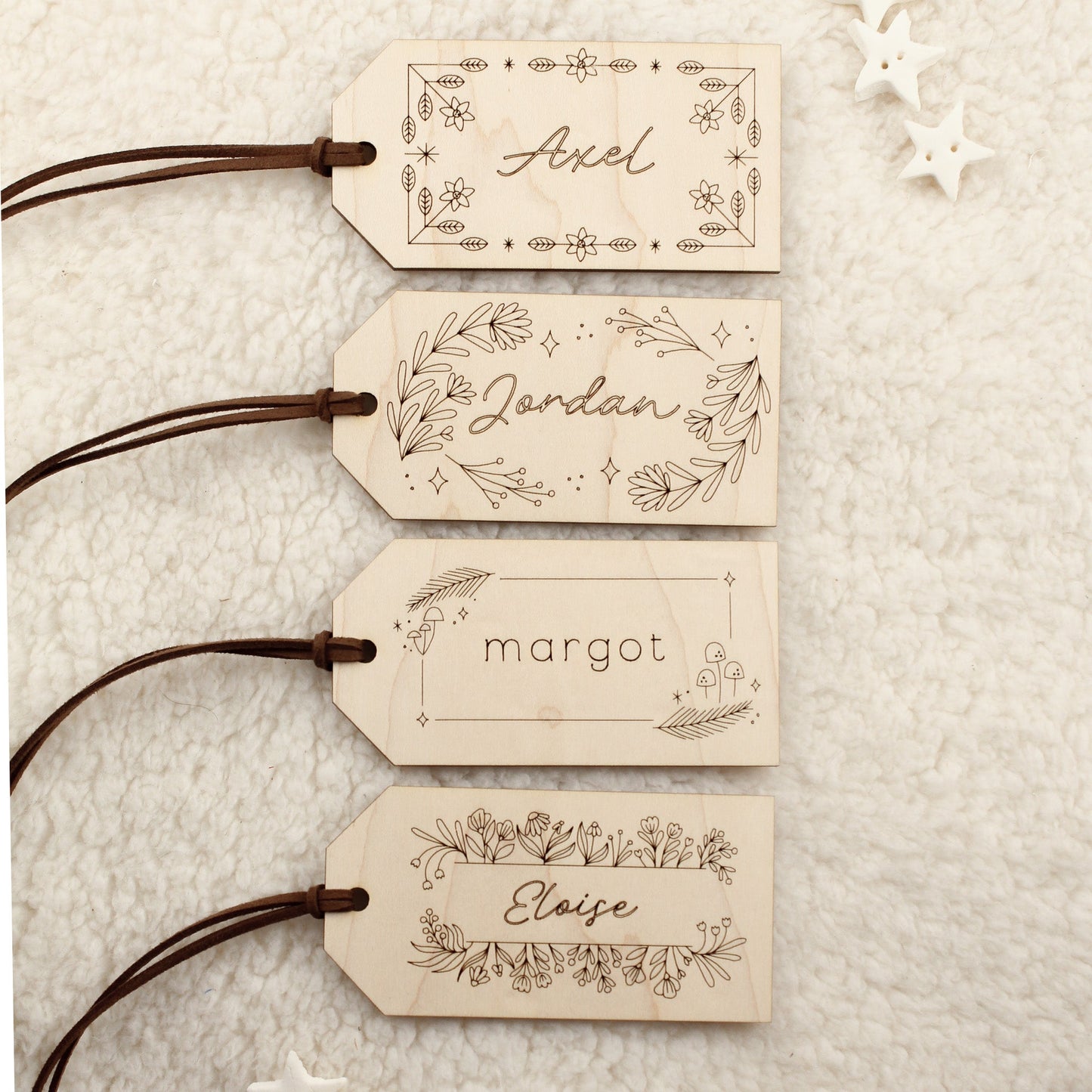 heirloom maple wood stocking tag, folk flowers design