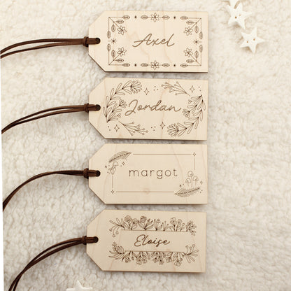 heirloom maple wood stocking tag, poinsettia design