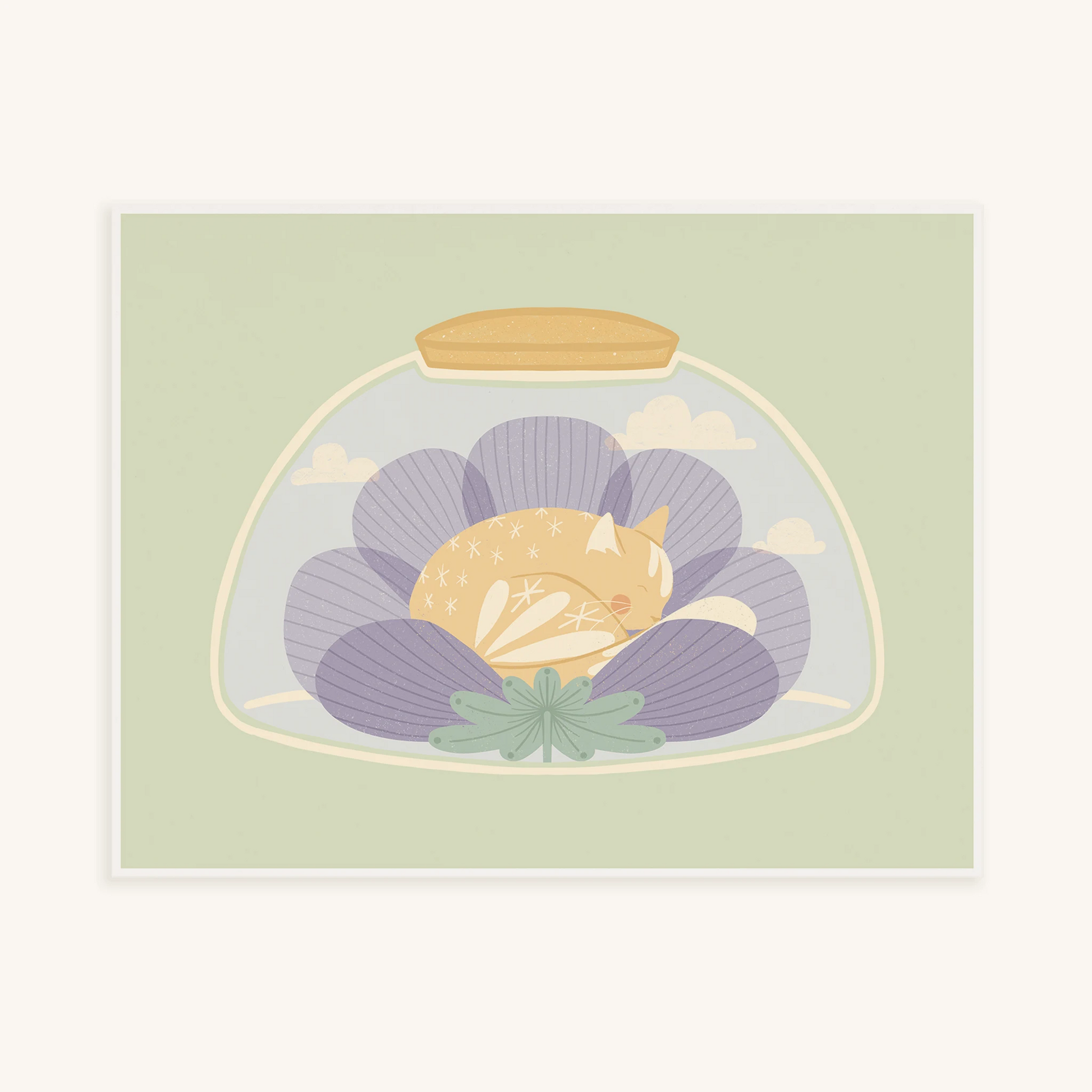 'a nap or two' art print. print features cat sleeping inside of a flower, inside of a jar.