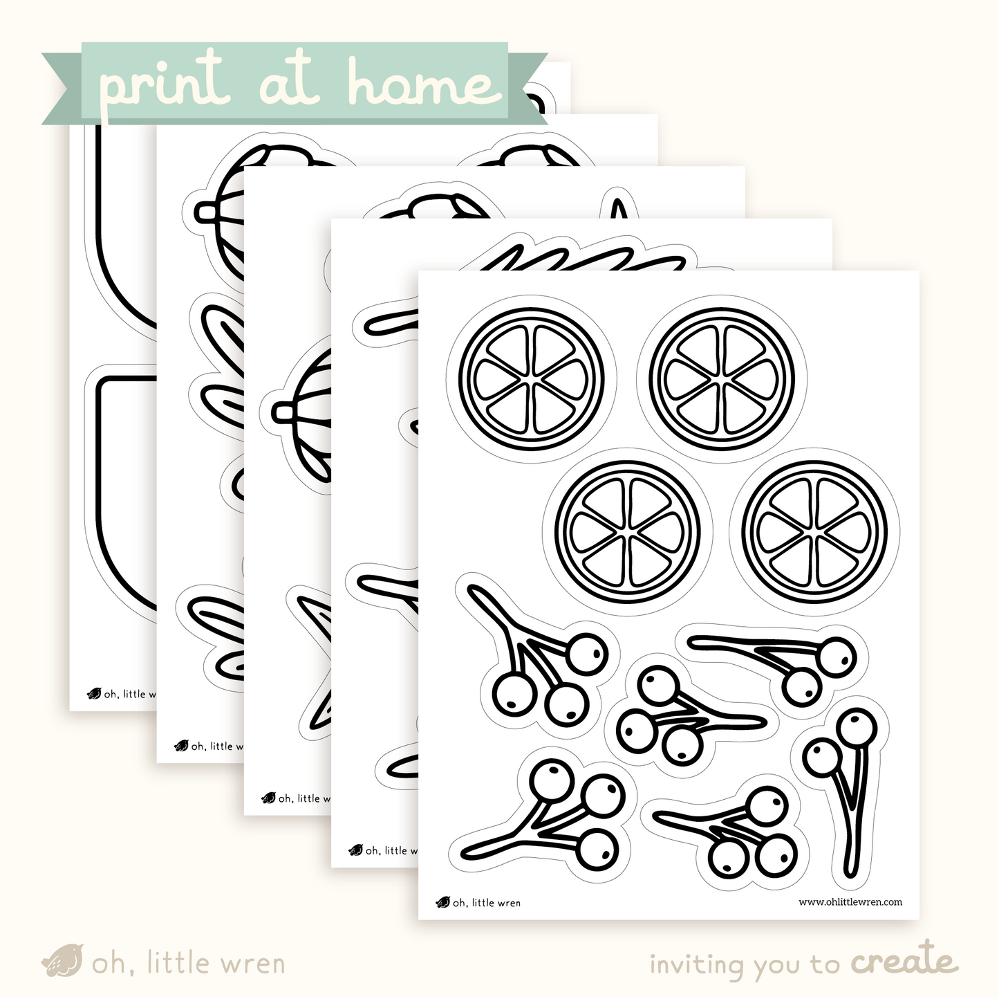coloring page printables with elements to make your own winter garlands like pine branches, orange slices, and banners.