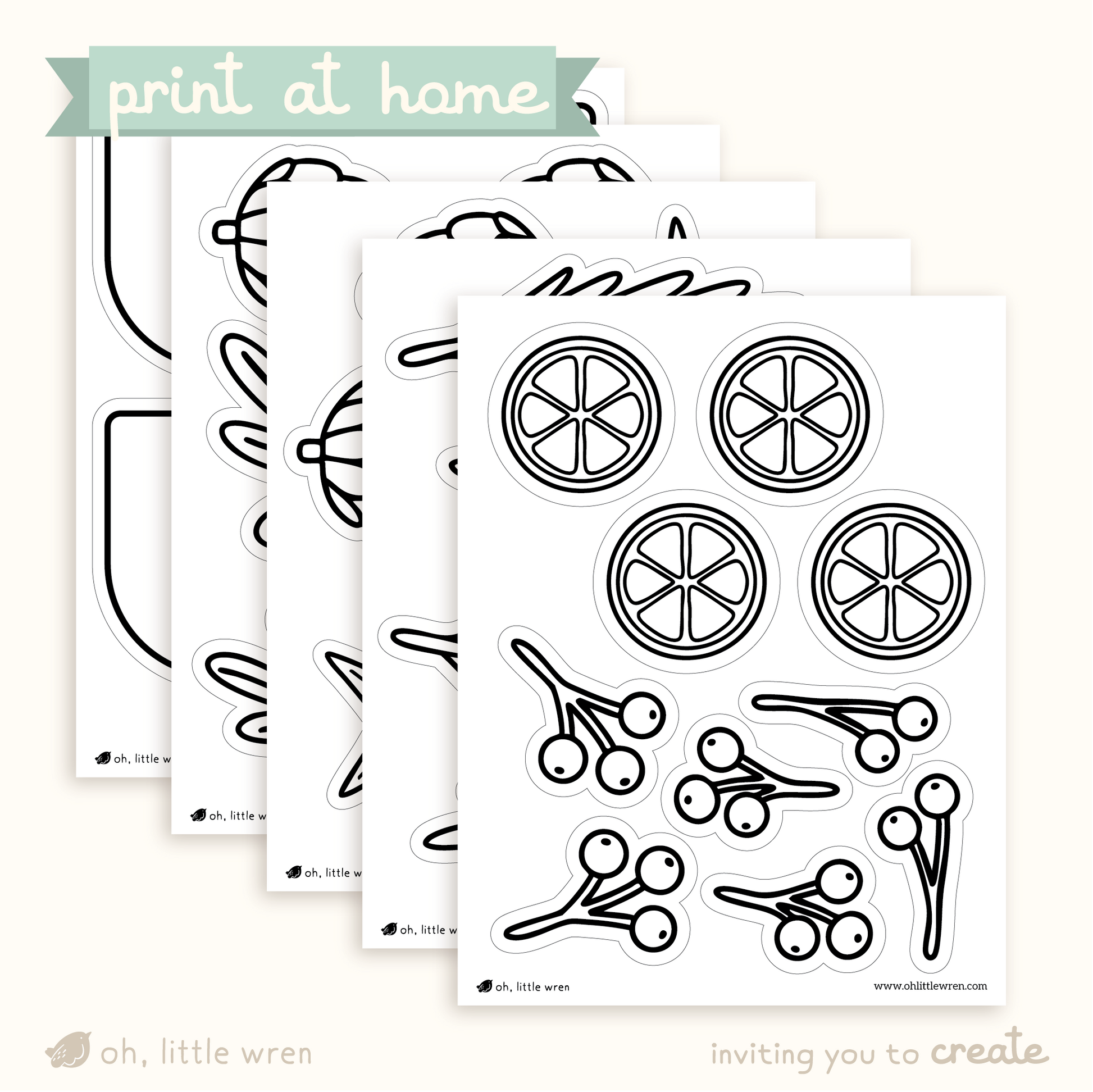 coloring page printables with elements to make your own winter garlands like pine branches, orange slices, and banners.