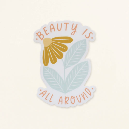 flower vinyl sticker in mustard and dusty blue with words beauty is all around us in peach